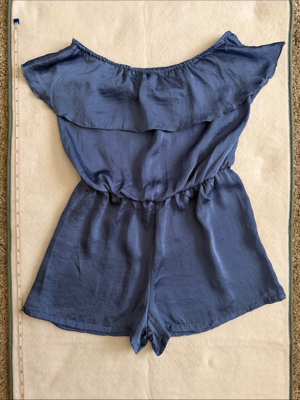 Off-Shoulder Blue Romper with Ruffle Yoke